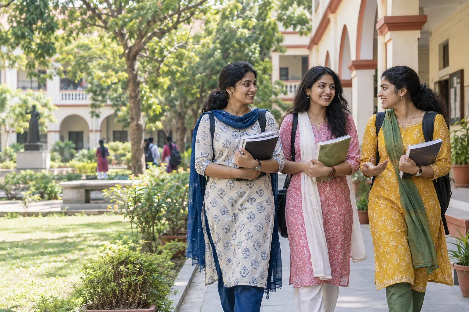 Women students enjoying time together on campus