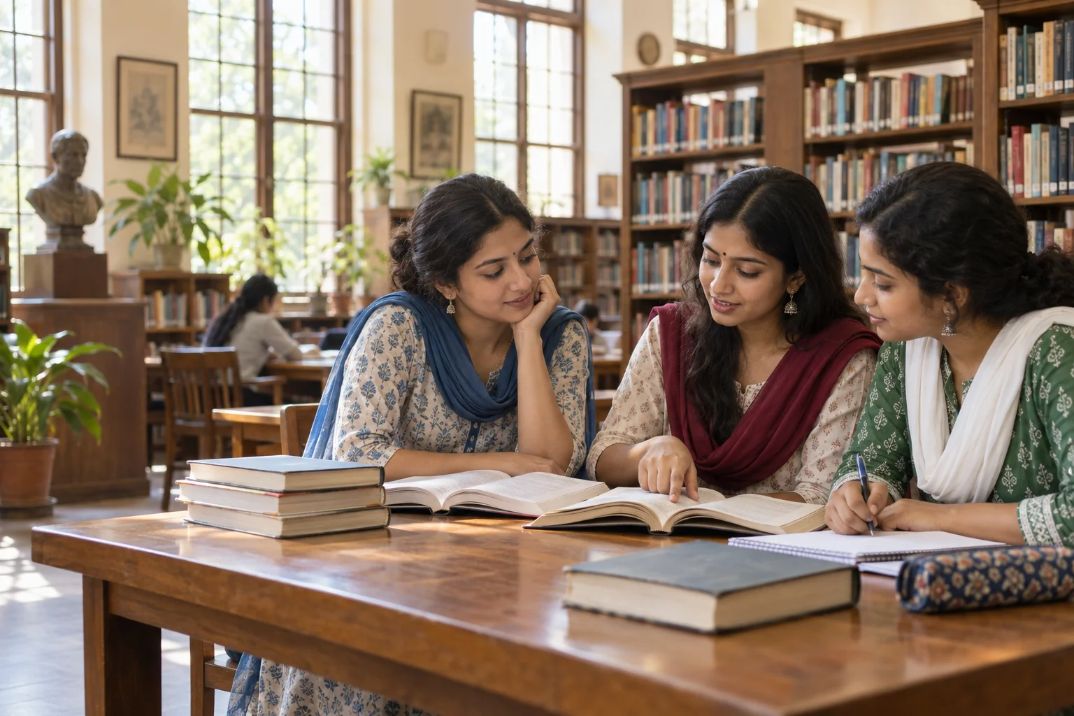 Women learning together in a college library